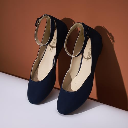DREAM PAIRS Women's Ballet Flats Pumps Ballerina Ankle Strap Elastic Low Wedge Sandals Round Toe Comfy Dolly Shoes,Size 6.5,Navy/Suede,REVONA - Image 4