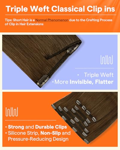 Image of Full Shine Human Hair Clip in Extensions 14 Inch Brown | Clip in Hair Extensions Real Human Hair, Straight Medium Brown Hair Extensions for Women, 7 Pcs 120g