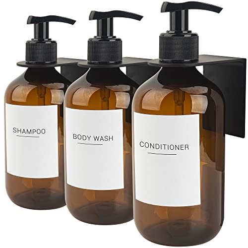 Image of Ezebesta 3PCS 500ml Amber Plastic Shower Pump Dispensers with 22 Labels and 3 Wall-Mounted Rack Bathroom Soap Bottles