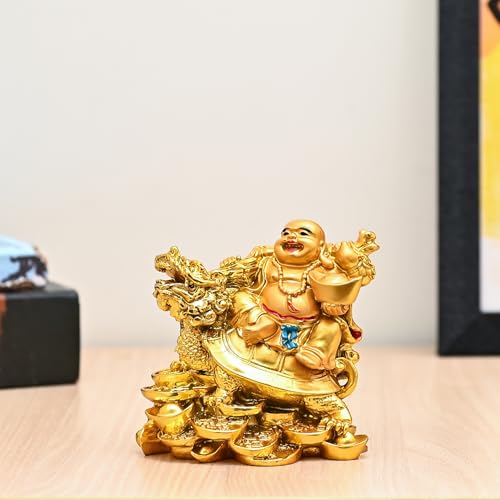 Image of ZAICUS Golden Laughing Buddha on Dragon Tortoise with Ingot - 4.5-Inch Feng Shui Good Luck Statue for Wealth, Happiness, and Prosperity | Decorative Figurine for Home & Office