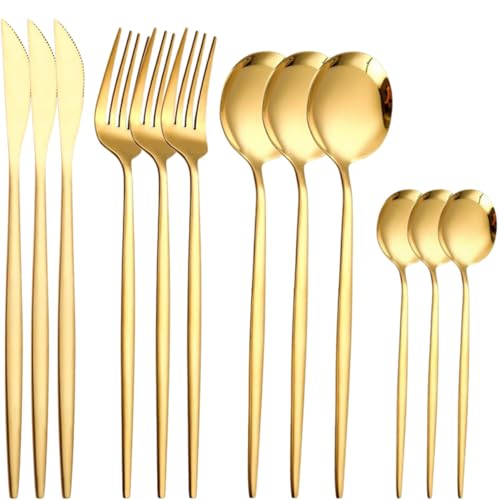 Image of 12 pcs Flatware Set, Gold Silverware Set for 3, Knife Fork Spoon, Stainless Steel Home Dinnerware Tableware,Mixed Cutlery Set Eating Utensils for Restaurants (12 Pcs Gold)