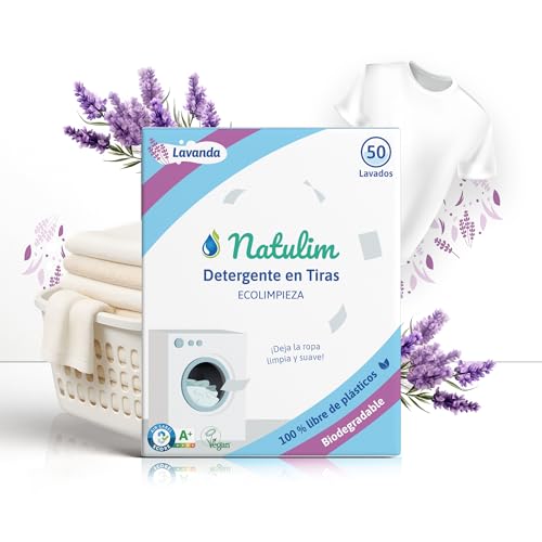 Natulim - Detergente en Tiras para Lavadora (50 Lavados) - Incluye Suavizante, Ecológico, Hipoalergénico, Made in Spain - Ropa limpia y suave sin ensuciar el Planeta (Fragancia Lavanda)