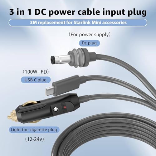 Mini 3 w 1 kabel zasilający DC, 10FT 12V 24V męski na USB typu C kabel samochodowy, kabel zamienny do kabla zasilającego Mini, akcesoriów Mini