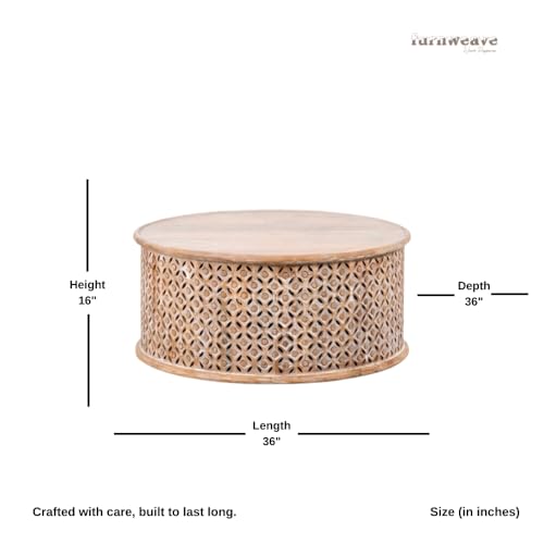 Image of Wooden Coffee Table for Living Room | Handcrafted Solid Wood Round Center Table with Carved Jaali Design | Coffee Table for Home Decor | Tea Table for Bedroom & Office (Brown Distress)