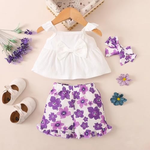Image of Toddler Baby Girl Clothes Summer Outfits Ruffle Sleeveless Linen Shirt Kids Short Set for Girl Size 3-24M
