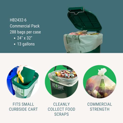 Image of EcoSafe-6400 HB2432-6 Certified Compostable Bag - 24x32 inch Green Bags for 13 Gallon Bin - Extra Strong Leak, Puncture and Tear Resistant Food Scraps Bin Liners, Pack of 288