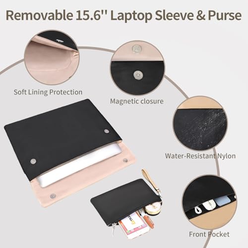 ESTARER Women's Laptop Leather Bag, 15.6 Inch Teacher Tote Bag with Removable Laptop Sleeve, Large Water-Resistant Shoulder Laptop Bag for Work/Travel/Office (3Pcs, Black)3