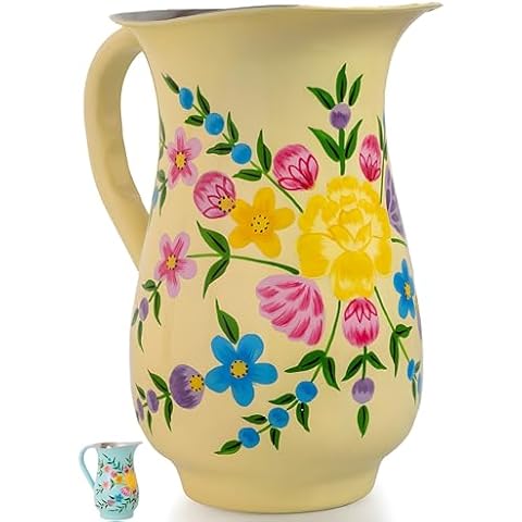 Hand Painted Stainless Steel Water Pitcher - Large Metal Water Jug, for Cold Drinks, Floral Design Beverage Carafe for Entertaining & Home Decor. 8” height, 1 Quart Decorative Vase. (Cream) Cover