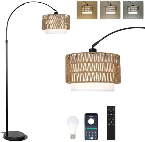 Rattan Floor Lamp with Remote Control and LED Bulb, APP Control, ...