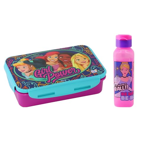 Image of SKi Homeware Lock & Seal Disney Lunch Box + Water Bottle Combo, for School Kids, a Gift for Girls and Boys with Attractive Character Prints and Vibrant Colours (Princess 1)
