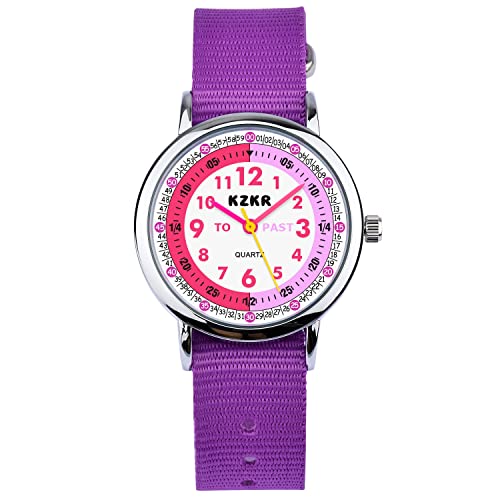 KZKR Reloj de Pulsera para niño y niña,Reloj Educativo,Reloj analógico de niña,fácil de Leer,Movimiento de Cuarzo,Correa de Nylon Violeta,Impermeable,Regalo para niña Cover