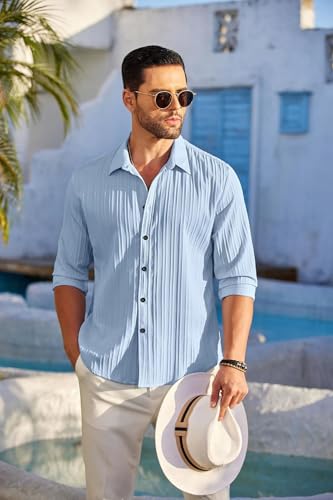 Image of DEELMO Men's Casual Button Down Shirts Long Sleeve Linen Shirt Fashion Textured Beach Summer Shirt