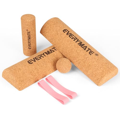 EVERYMATE 4-in-1 Cork Balance Board Kit Foot & Ankle Strengthener with Massage Roller/Ball Toe Resistance Bands Storage Bag for Enhance Mobility & Prevent Falls Improve Foot Function for Home/Office/Gym