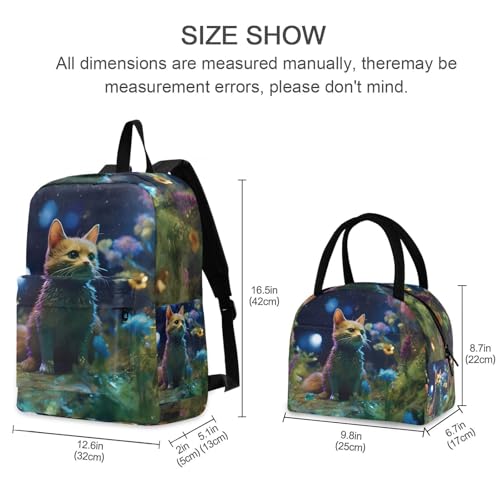 Backpack Lunch Box Set Large Capacity Travel Backpacks and Insulated Lunch Bag for Commute Hiking Picnic Fantasy Night Cat Print2