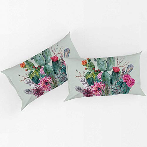Feelyou Cactus Duvet Cover Set Decorative Spring Garden With Boho Style Bouquet Of Thorny Plants Blossoms Feathers, Decorative 3 Piece Bedding Set With 2 Pillow Sham, Zipper Green Comforter Cover King #TOP2