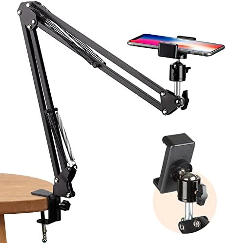 TARION Overhead Tripod Mount Articulating Arm Phone Holder Video Webcam Stand Lazy Arm Clamp Table Desktop Suspension Scissor Arm Stand (Black)