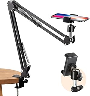 TARION Overhead Tripod Mount Articulating Arm Phone Holder Video Webcam Stand Lazy Arm Clamp Table Desktop Suspension Scissor Arm Stand (Black)