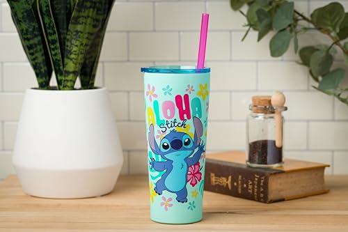 Image of Silver Buffalo Disney Lilo and Stitch Aloha Double Walled Tumbler with Straw, 22 Ounces