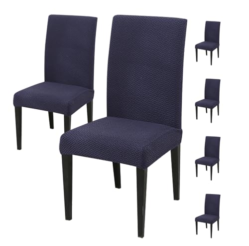 Image of House of Quirk Elastic Jacquard Chair Cover Stretch Removable Washable Short Dining Chair Cover Protector Seat Slipcover (Pack of 6, Navy Blue)
