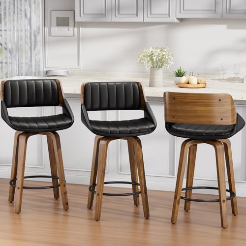 Set of 3 Swivel Walnut Bar Stools with Footrest