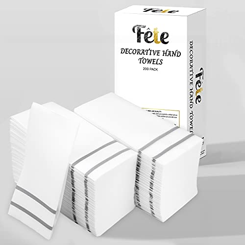 Fete Decorative Hand Towels, Silver Design 200 Disposable Linen-Feel Guest Towels – Formal Dinner, Anniversary, And Wedding Napkins For Tables, Guestrooms, And Restrooms - 8.5X 4-Inches Folded, #TOP1
