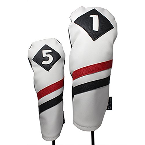 Majek Retro Golf Headcovers White Red Black Vintage Leather Style 1 & 5 Driver Fairway Head Cover Fits 460Cc Drivers Classic Look #TOP21