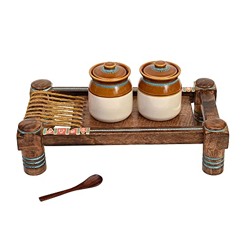 Image of AAKRITI ART CREATIONS Chatore Barni Set of 2 on Ethnic Charpai Stand | Ceramic Achar ki Barni & Mukhwas Box | Handcrafted Modern Art Storage Jar for Spice & Pickle