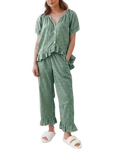 Image of Gihuo Gingham Pajama Set for Women 2 Piece Plaid Cotton Button Down Top and Pants Ruffle Babydoll Pjs Lounge Sets