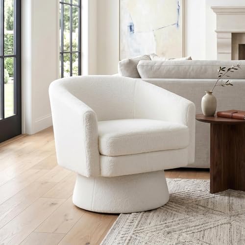 HNY Modern Swivel Accent Chairs Set of 1, White Boucle Upholstered Barrel Chairs Cozy Vanity Arm Chairs with Back Comfy Sherpa Round Lounge Reading Armchair, Club Side Chairs for Living Room