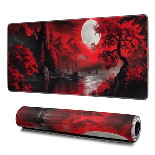 Darkness Red Moon Mouse Pad Abstract Red Mouse Pad 31.5x11.8 Inch Geometric Texture Non-Slip Rubber Base Large Mousepad Stitched Edges Keyboard Mouse Mat Desk Pad for Office and Home