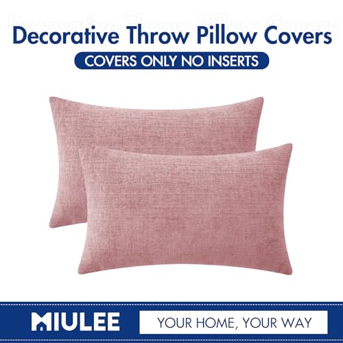 Image of MIULEE Pack of 2 Couch Valentines Throw Pillow Covers 12x20 Inch Soft Spring Blush Pink Chenille Lumbar Pillow Covers for Sofa Living Room Solid Dyed Cases