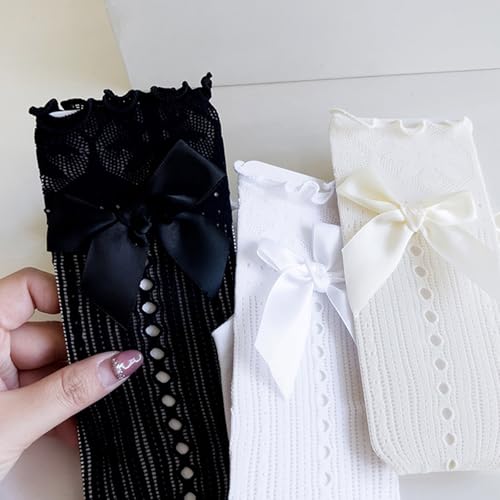 Breathable Middle Calf Socks For Girls Ruffle Trim Bowknot Accents Soft Casual Party Wear Lace Knee Length Stockings4