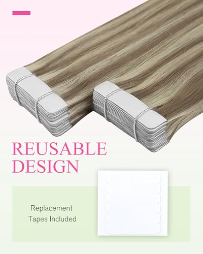 Image of YoungSee Human Hair Tape in Extensions Blonde Highlight, Invisible Tape in Hair Extensions, Light Brown Highlights Platinum Blonde, Softness Silky Hair, 14 Inch 20pcs 50g