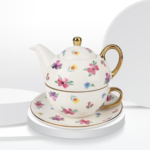 Tea for One Teapot Tea Cup and Saucer Gifts for Women Vintage Floral Gold-Plated Tea Set for one (Purple Crushed)