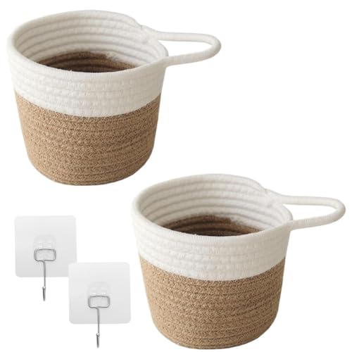 2 Stück Hängekorb, Wandkörbe Baumwollseilflechten 15 x 16 cm mit 2 Haken, Wandkorb Hängend Übertopf Korb, Aufbewahrungskorb Geflochten, Hängekorb Küche, Wohnzimmer,Bad (Weiß/Braun)