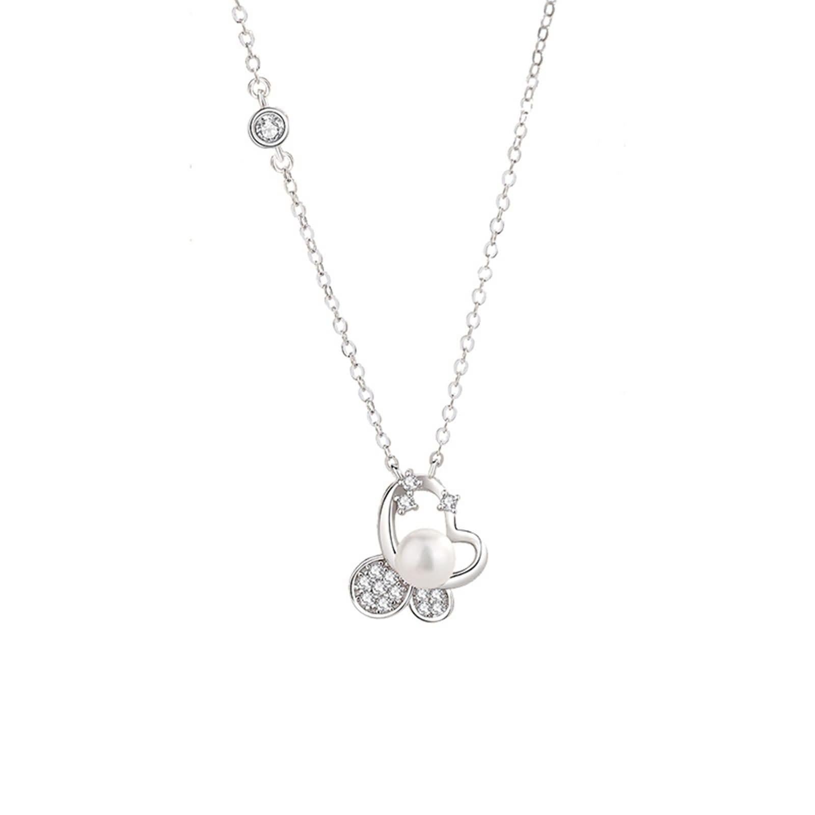 Naszyjnik z łańcuszkiem 9K / 14K / 18K White Gold dla kobiet, serce i perła z moissanitem, wisiorki srebrny naszyjnik damski