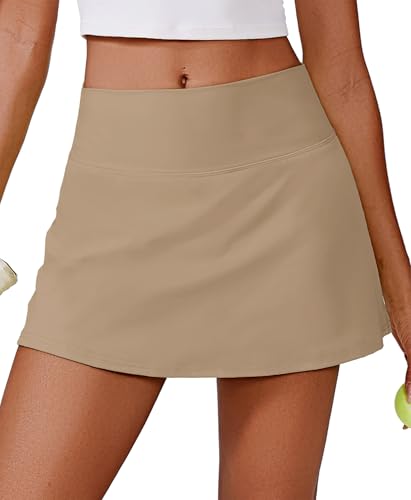 PINSPARK Tennis Skirts for Women V Waisted Golf Skorts Lightweight Athletic Skirt Stretchy Workout Skort with Pockets, Khaki Small