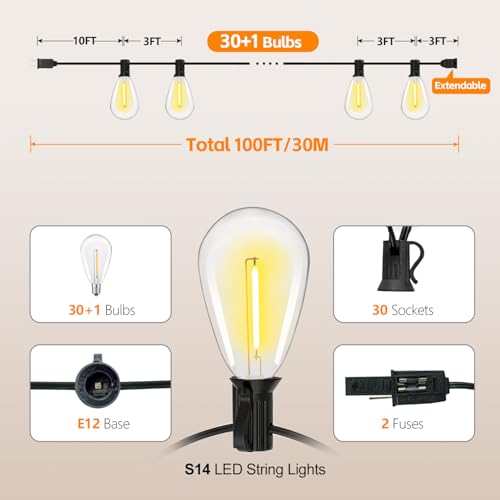 100FT Outdoor String Lights for Outside Patio Lights with 30+1 Shatterproof S14 E12 LED Bulb, 2700K Outside Hanging Light Waterproof for Parties Porch Garden Fences Backyard Balcony Pathways - Image 4