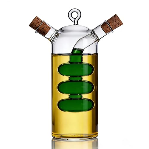 ELETON 2 in 1 Glass Oil and Vinegar Bottle – Borosilicate Cruet with Triple-Bubble Inner Chamber, Dual Dispenser for Olive Oil & Balsamic, Cork Stopper - Thumbnail 3