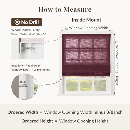 Image of TWOPAGES Liz No Drill Cordless Roman Shades Linen Textured Roman Blinds for Windows, Custom Made Room Darkening Blackout Roman Window Shades, Hardware Included, Burgundy Red, 1 Piece