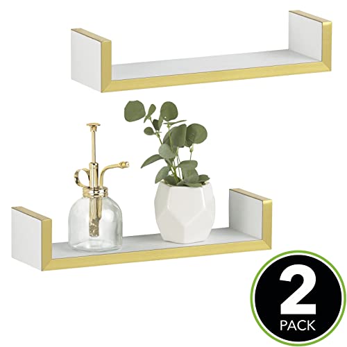 Mdesign Floating Wall Mount U-Shelves, Minimal Lightweight Hanging Decor Shelf - Bedroom, Bathroom, Kitchen, Office, Living Room, Garage, Laundry, 14" Long, Furno Collection, 2 Pack, White/Soft Brass #TOP1