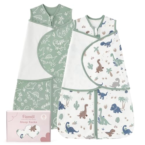 FIEMOL Baby Swaddle Sleep Sack 3-6 Months, Cotton Swaddles for Newborns Boys Girls, 2-Way Zipper Transitional Infant Wearable Swaddling Blanket with Quiet Closure, 0.5 TOG 2 Pack Soft Green Dinosaur
