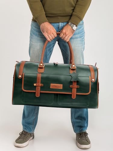 Image of Premium Leather Duffle Bag for Men & Women | Genuine Leather Travel, Gym & Office Bag | Stylish Handcarry & Sling Weekend Cabin Luggage Bag|Green
