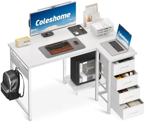 Coleshome Corner Desk with 4 Fabric Drawers, 100 x 70 cm Reversible L Desk with Storage and Shelf, Table Desk for Home Office and Bedroom, White Coleshome Corner Desk with 4 Fabric Drawers, 100 x 70 cm Reversible L Desk with Storage and Shelf, Table Desk for Home Office and Bedroom, White