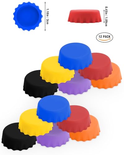 Bottle Caps, Beer Bottle Caps Silicone Reusable Glass Bottle Stopper Hat, Prevent Spillage Sealer Cover for Beer, Soda, Soft Drink, Beverages, HomeBrew, 12 Packs Kitchen Gadgets Kit Multicolor