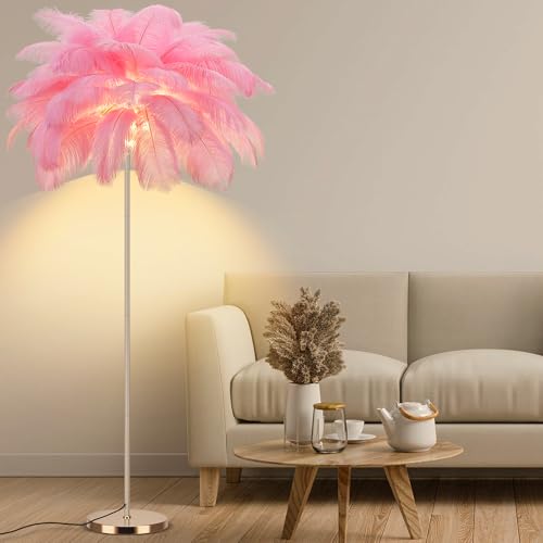 Fivemengo Feather Floor Lamp for Living Room Fluffy Ostrich Feathers Lamp Rose Gold Color Body 3 Color Temperatures Modern Funky Arc Tall Standing Lamp for Bedroom Inclued Bright LED Bulbs (Pink)