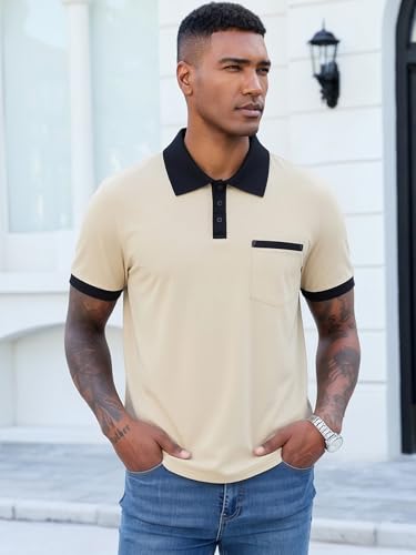 Image of Men's Casual Polo Shirts Summer Short Sleeve Contrast Collar Buttoned Tee Polo Shirt with Pocket