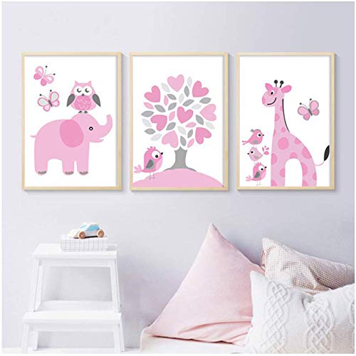 Affiche girafe et hibou rose 50x70cm pour décoration de chambre d'enfant