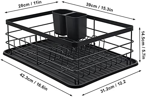 BRIAN & DANY Dish Drainer, Dish Drying Rack with Cutlery Holder and Drip Tray, 39 x 28 x 14.5 cm, Black