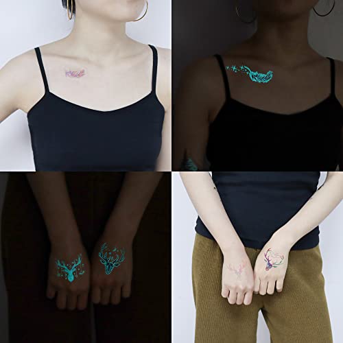 Oottati 15 Sheets Glow In Dark Night Fluorescence Luminous Temporary Tattoo Stickers, Snake Panda Jellyfish Border Collie Dog Whale Goldfish Shark Feather Cat Deer #TOP3